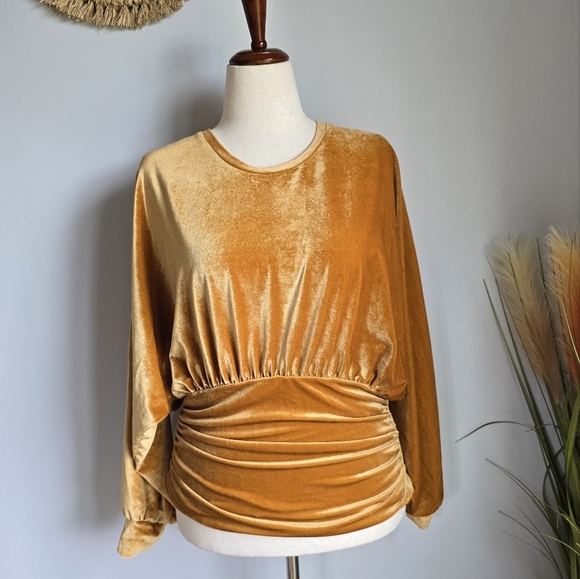 THML, Marigold Yellow Velvet Ruched Dolman Bishop Sleeve Blouse Top SZ Medium - Picture 11 of 11